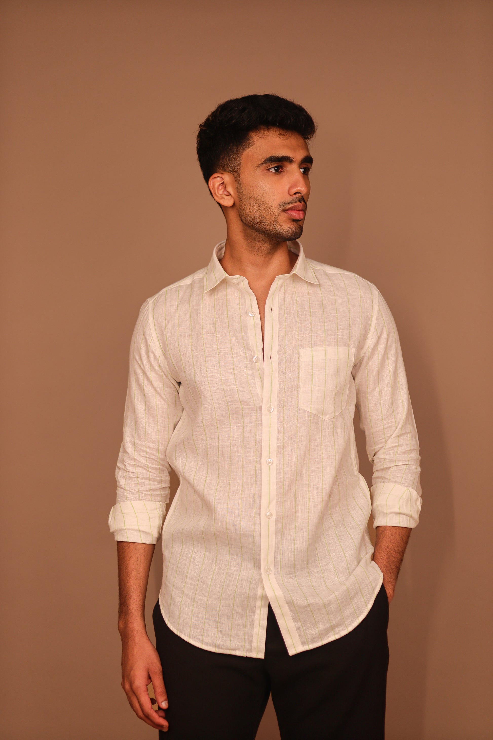 SK Linen White with Green Stripes Shirt