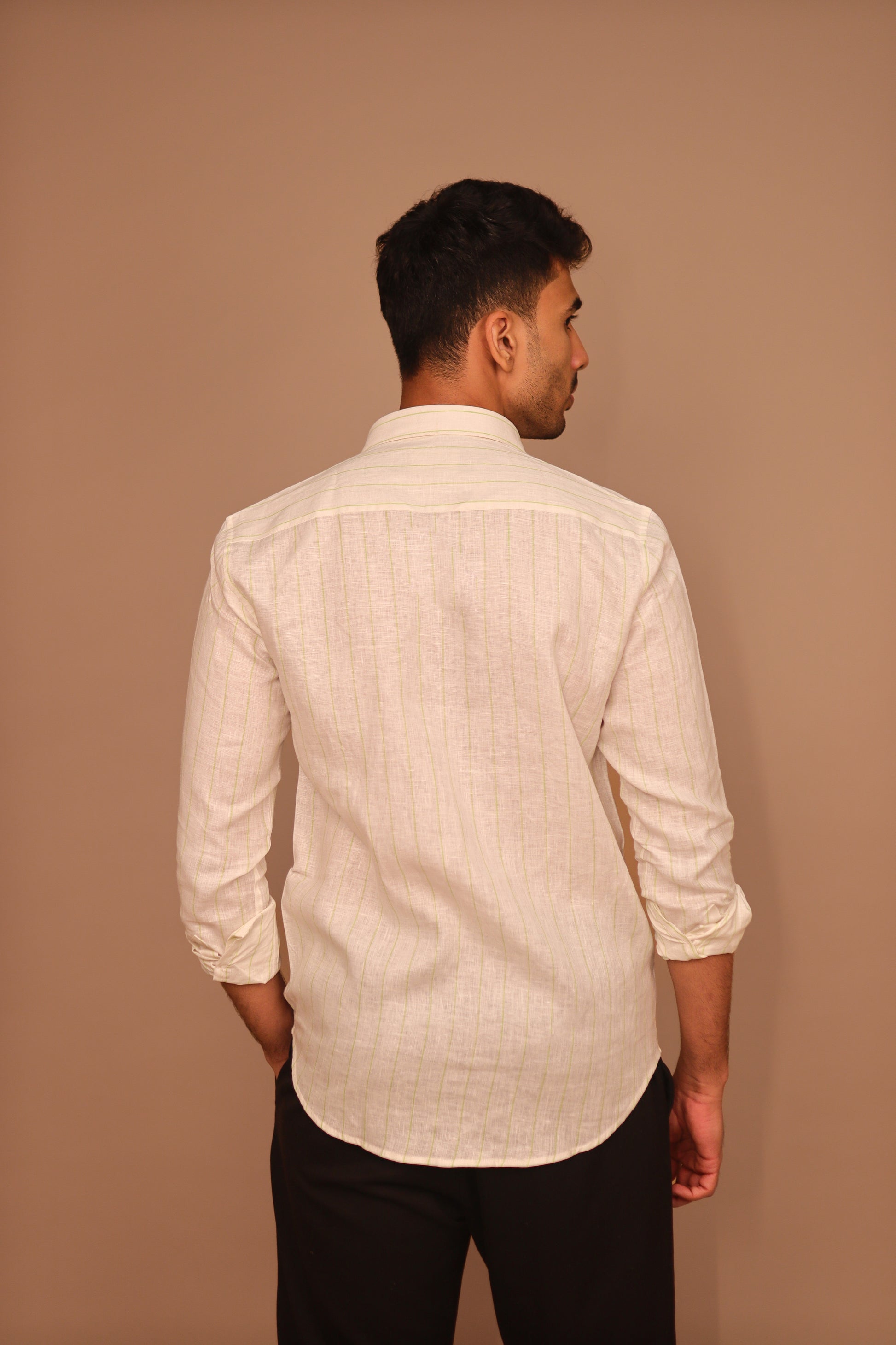 SK Linen White with Green Stripes Shirt